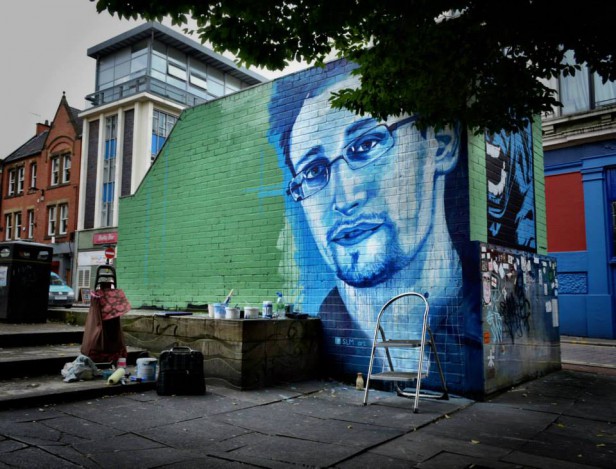 Blue Hulk (by Jay Sharples) and Banksy to the right, Snowden in progress. August 2013. 